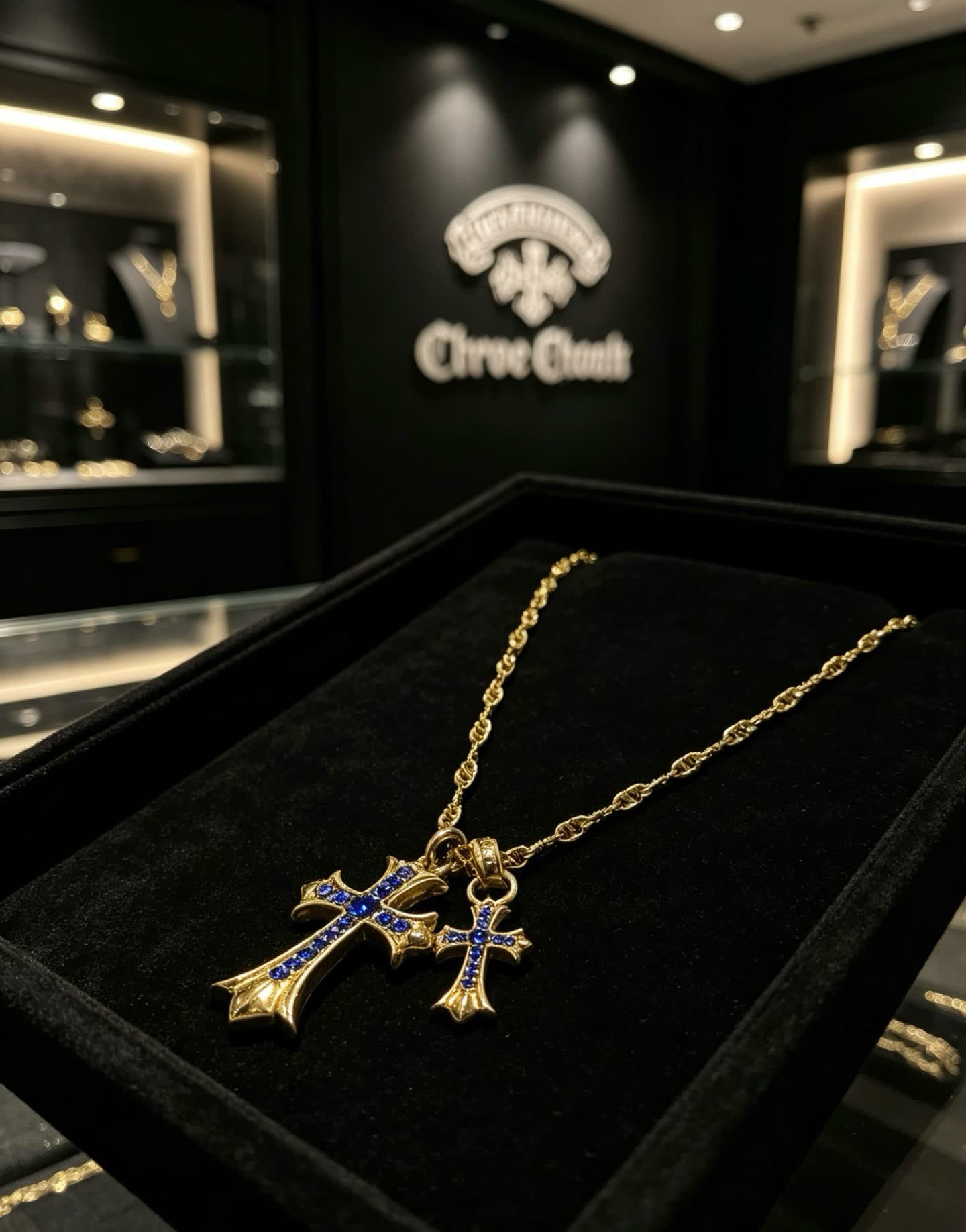 Chrome Hearts Gold Cross Pendant Necklace with Blue Stones